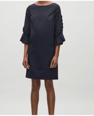 COS Dress Womens Size 8 Navy Blue Midi A-Line Long Sleeve Ruffle Pockets  Stretch | eBay