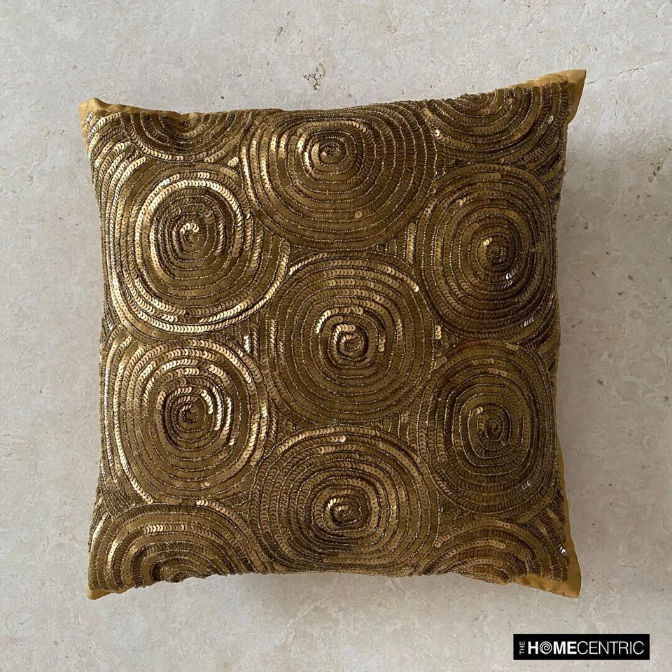 Funda Cojín Dorado 16"x16", Decoración Habitación Seda Lentejuelas Adornada - Tacto Dorado Foto 3 de 4