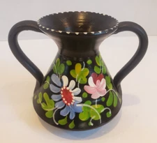 Vintage Matte Black Floral Flowers Double Handled Pottery Vase Signed Assisi
