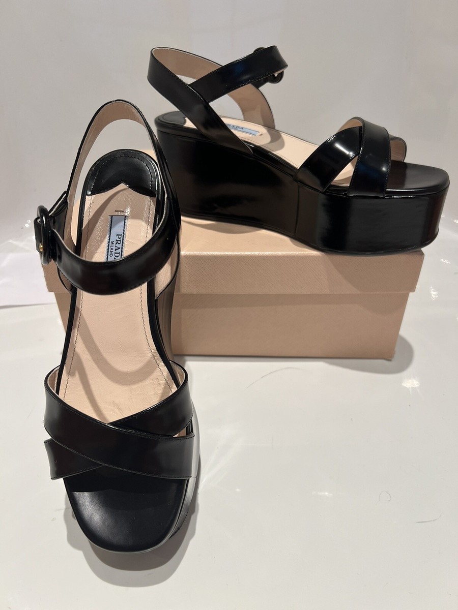 PRADA 7.5 38.5 Black Brushed Leather Platform Wedge Sandals Criss
