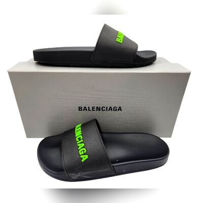 Balenciaga Women's Pool Slides Black Fluorescent Green Logo Size