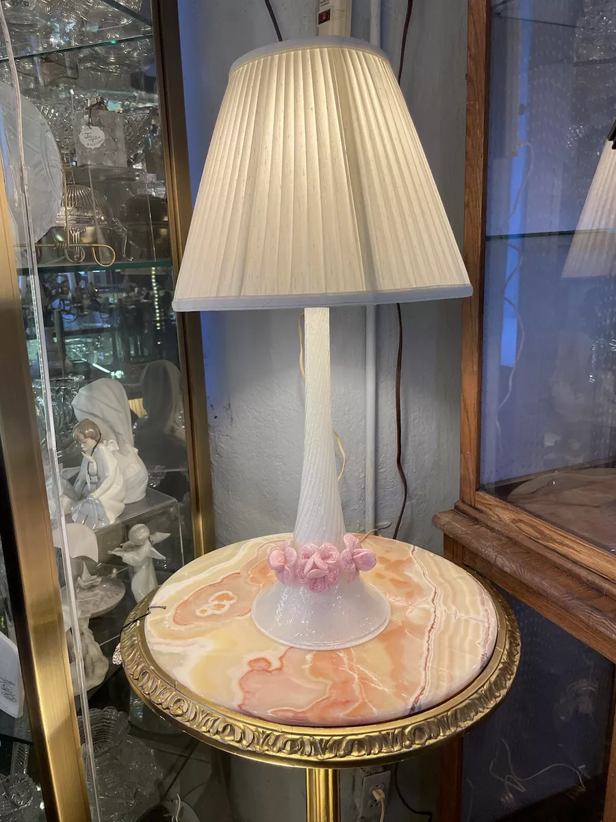 Single Mid Century Modern White Murano Glass w Pink Glass Flowers Table Lamp