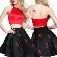 Sherri Hill 51269 Embellished Embroidered Cherry Print Satin Skirt 2 Black