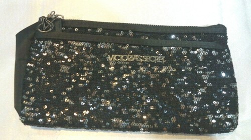 Victoria's Secret Kosmetiktasche Make-up schwarz und silber Pailletten Reißverschluss Vinyl Line