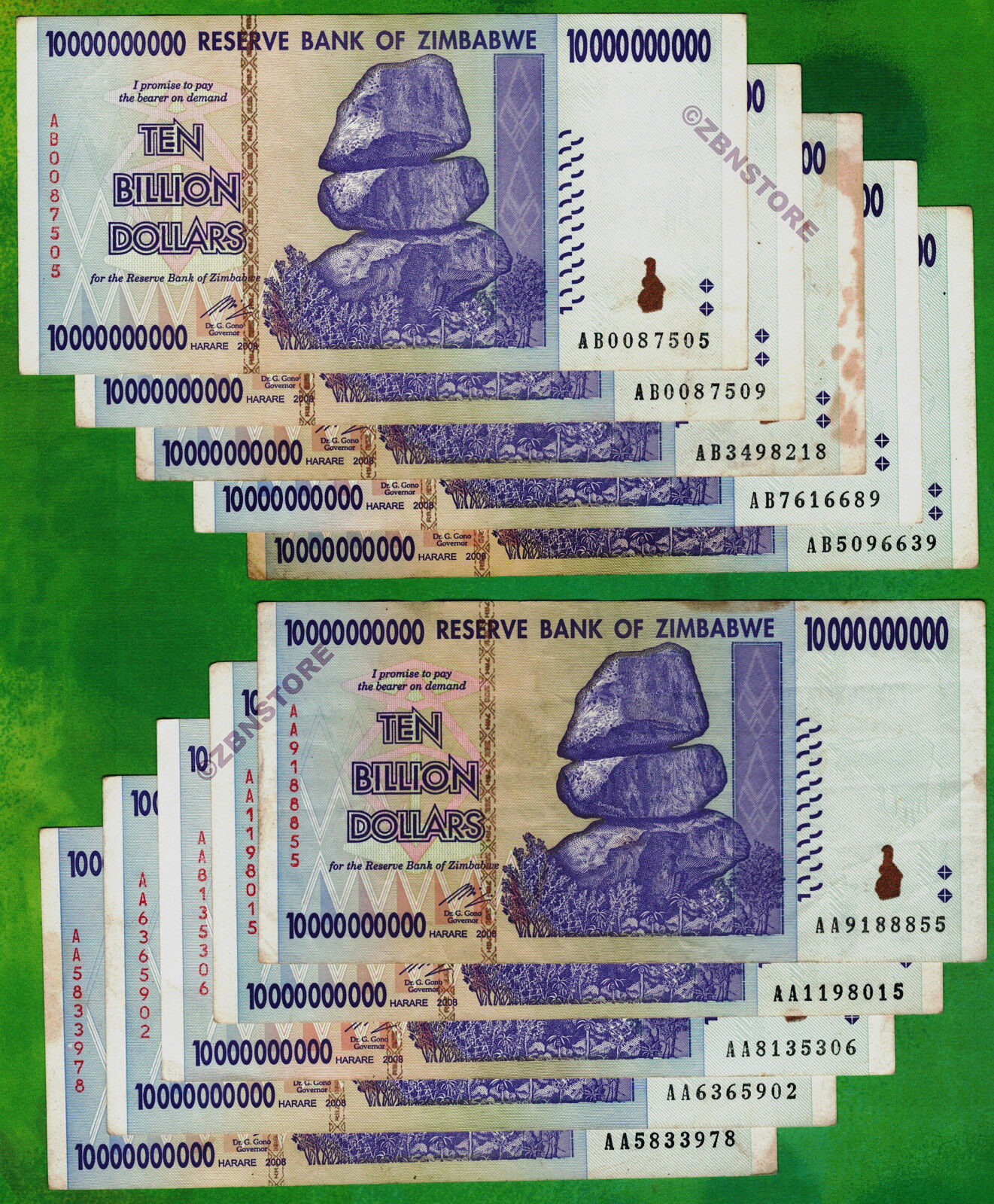 10 x 10 Billion Dollars Zimbabwe Banknotes AA AB 2008 Authentic Currency w/ COA