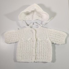 Vintage Two piece Newborn Baby Doll White Knit Hat Sweater Hat Set Christening