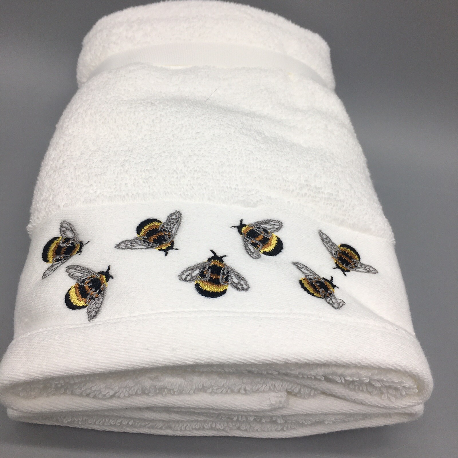 2pc Deborah Connolly Embroidered Bumble Bee Hand Towel Set White