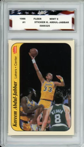 1986 Fleer Sticker #1 Kareem Abdul-Jabbar AGC 9 Mint Centered Los Angeles Lakers