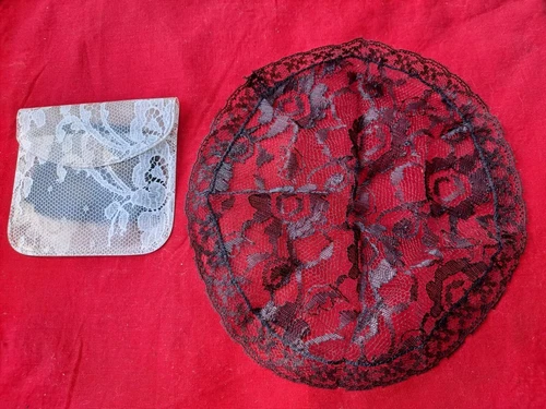 Prayer Cap, church, chapel Black Lace 8" Round w/Pouch New Vintage 1960s 