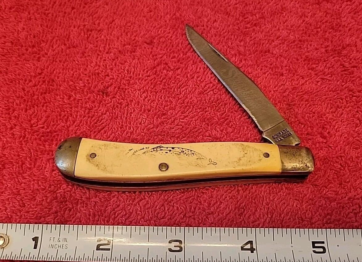 SCHRADE USA SC503 TRAPPER TROUT SCRIMSHAW Pocket Knife Vtg USA