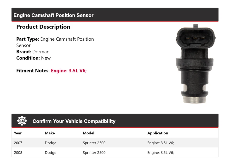 Sensor de posición del árbol de levas del motor Dorman para Dodge Sprinter 2500 2007-2008 Foto 2 de 4