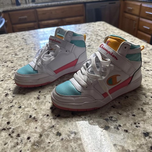 Champion Hi Top White With Pink,teal Basketball Athletic Sneakers Sz 3 Youth - 第 1/13 張圖片