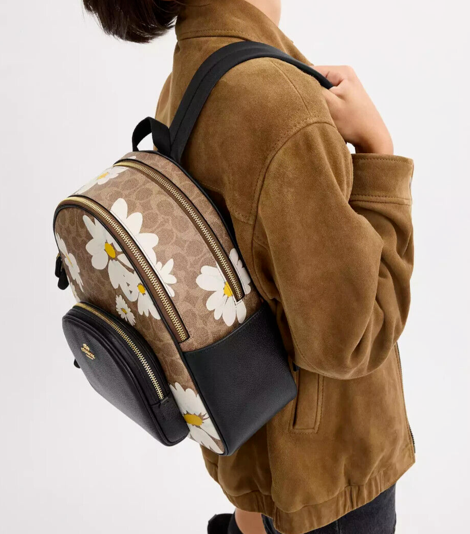 EUC Coach Court Tan Floral Print Signature Coated Canvas & Leather Backpack Nwt Coach Court Backpack With Floral Print CZ600/CBM23/CZ768  main image 4
