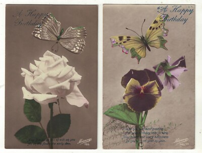 2 Grußpostkarten einer Blume und eines Schmetterlings aus der Zeit 1. Weltkrieg 1916 & 1917