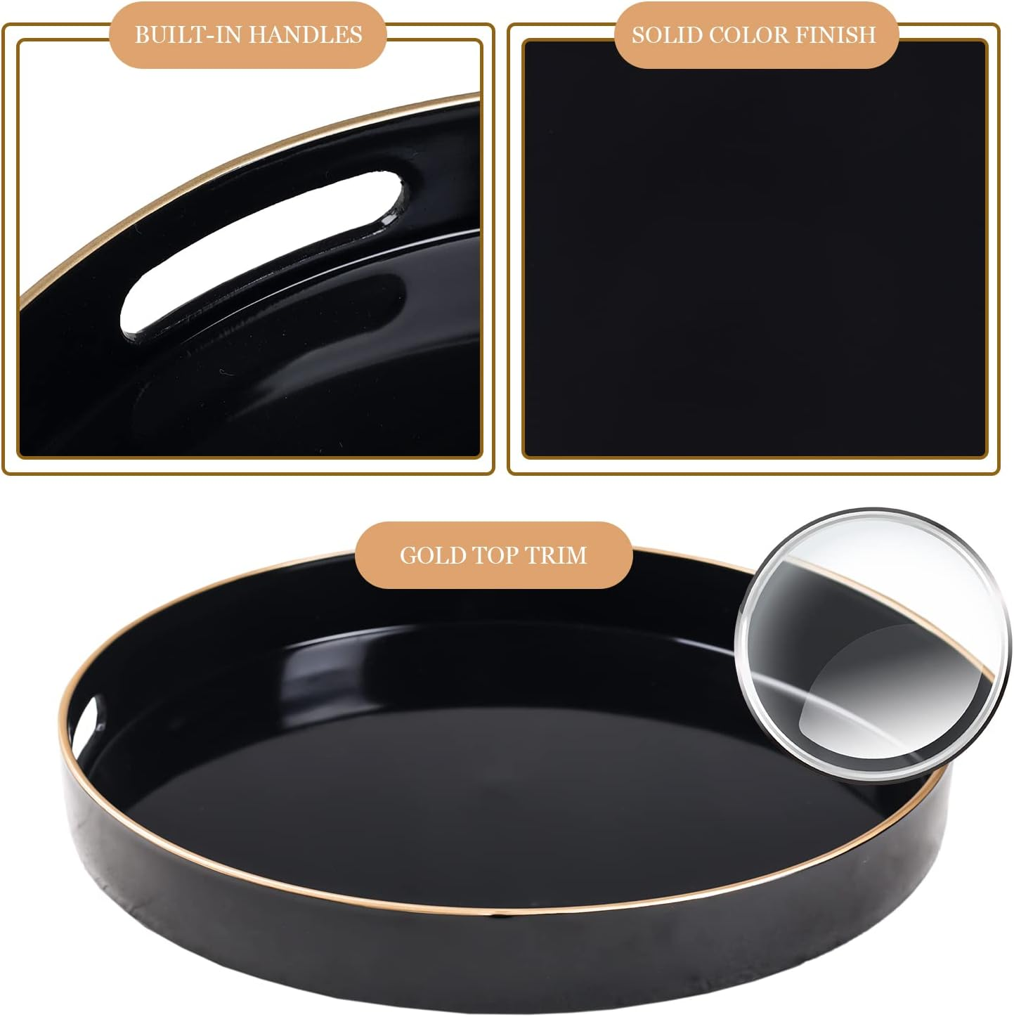 Black Decorative Tray for Coffee Table, Modern round Serving Tray with