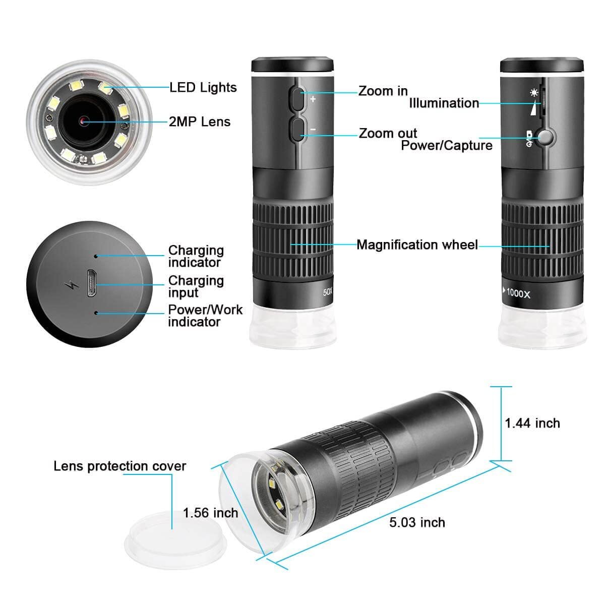 Jiusion WiFi USB Digital Microscope 50 to 1000x  iPhone iPad Android Mac Windows