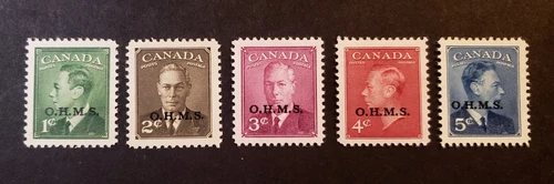 Stamps Canada Mint: #O12-O15A 1c-5c Geo. Vl War OHMS overprint VF MNH