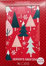 Christmas Boxed Cards MODERN Christmas Trees with Snowflakes 16 pcs