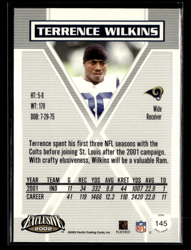 2002 Pacific Exclusive #145 Terrence Wilkins Card St. Louis Rams - Image 2 of 2