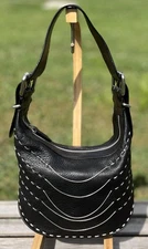 Francesco Biasia Shoulder Bag Womens Black Leather White Stitch Boho Hobo Purse