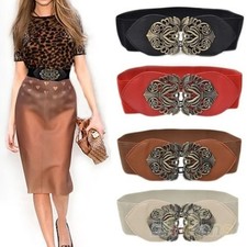 Faux Leather Wide Belt 6cm Metal Carved Flower Buckle Vintage Women Waistband