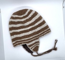Hand Knitted Wool Blend Reversible Earflap Hat Brown Beige Unisex OS Adult