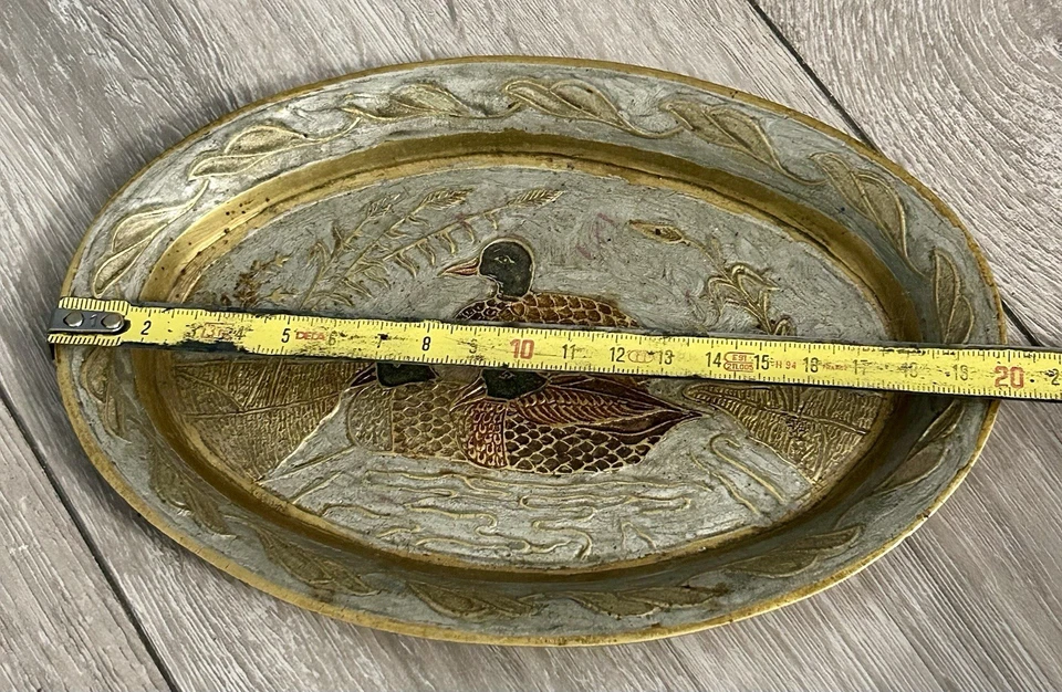 Jolie coupelle ancienne en Laiton émaillé cloisonné - décors canards - Diam 20cm - Photo 3/4