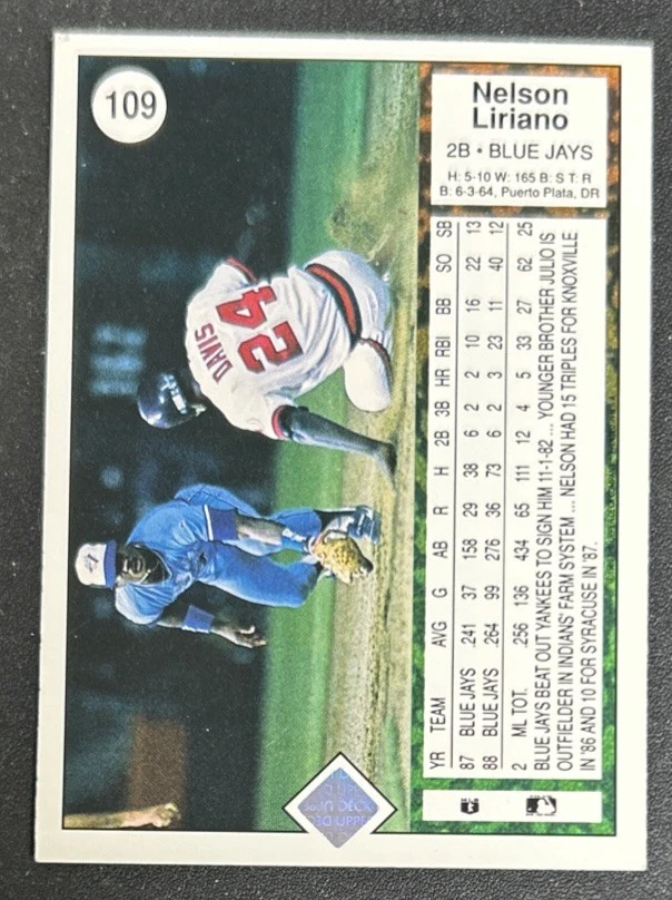 1989 Upper Deck Nelson Liriano 2nd Year Baseball Card #109 Blue Jays 2B VG O/C - Image 2 of 2
