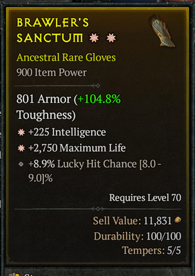   DIABLO 4 SEASON 13   2 GA   Ancestral Rare Gloves   Max Life, Intelligence