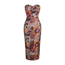 Women's Sexy Off The Shoulder Embroidery Flowers Bodycon Mid-Calf Dress Red L