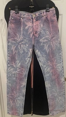 Balmain Boyfriend Denim Jeans Blue Palm Tree Print Button Accents Women