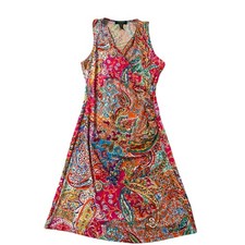 Lauren Ralph Lauren Dress Women PM Bright Pink Multi-color Paisley Jersey Ruched