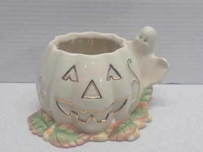 Lenox Stack O Pumpkins Bowl Candle Holder Porcelain Jack O Lantern Ghost 4  Tall
