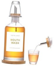 11.8OZ Glass Mouthwash Dispenser for Bathroom with Stainless Steel  Bamboo