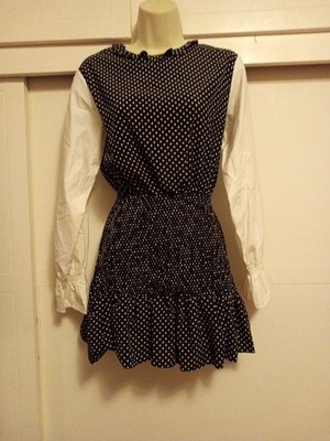 Pixie Market Women's Polka Dot BLack White Long Sleeve Smocked Ruffle Dress Sz S