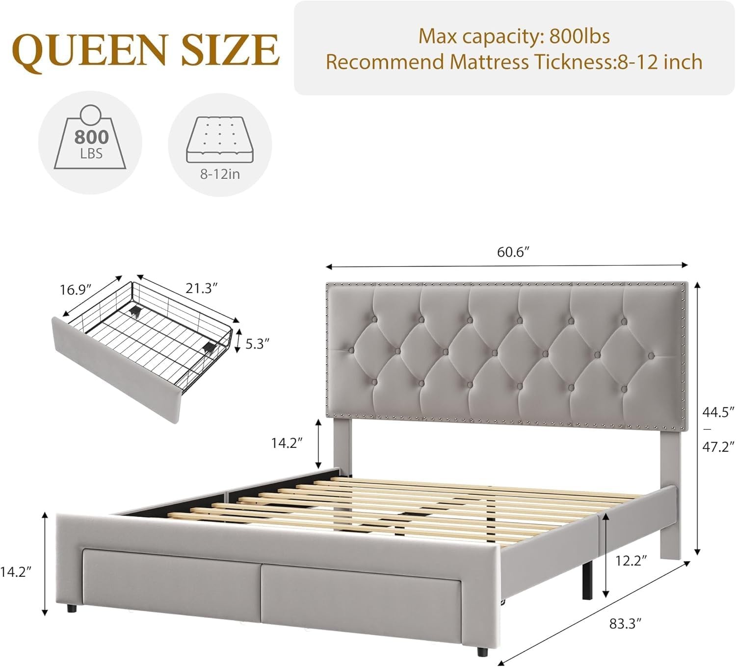 Headboard & 2 Drawers,platform Bed Full Queen King Size