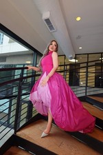 Women’s Pink/Fuchsia Satin Pleated Hi-Low Formal Gown Sleeveless High Neck