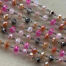 Pink Leopard Brown Crystal Beaded Rosary Gunmetal Eyepin Chain 8mm 2ft Per Pkg