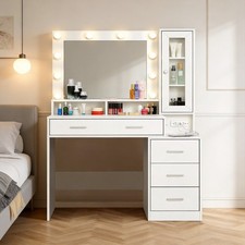 White Dressing Table Set with 5 Drawers LED Lights Mirror Socket Makeup Table UK