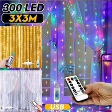300 LED Curtain Fairy Lights USB String Light Remote Backdrop Xmas Party Wedding
