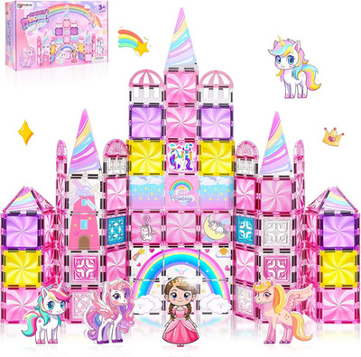 Diamond Magnetic Tiles Unicorns Princess Castle with Magnetic Art Decor Kit, Uni