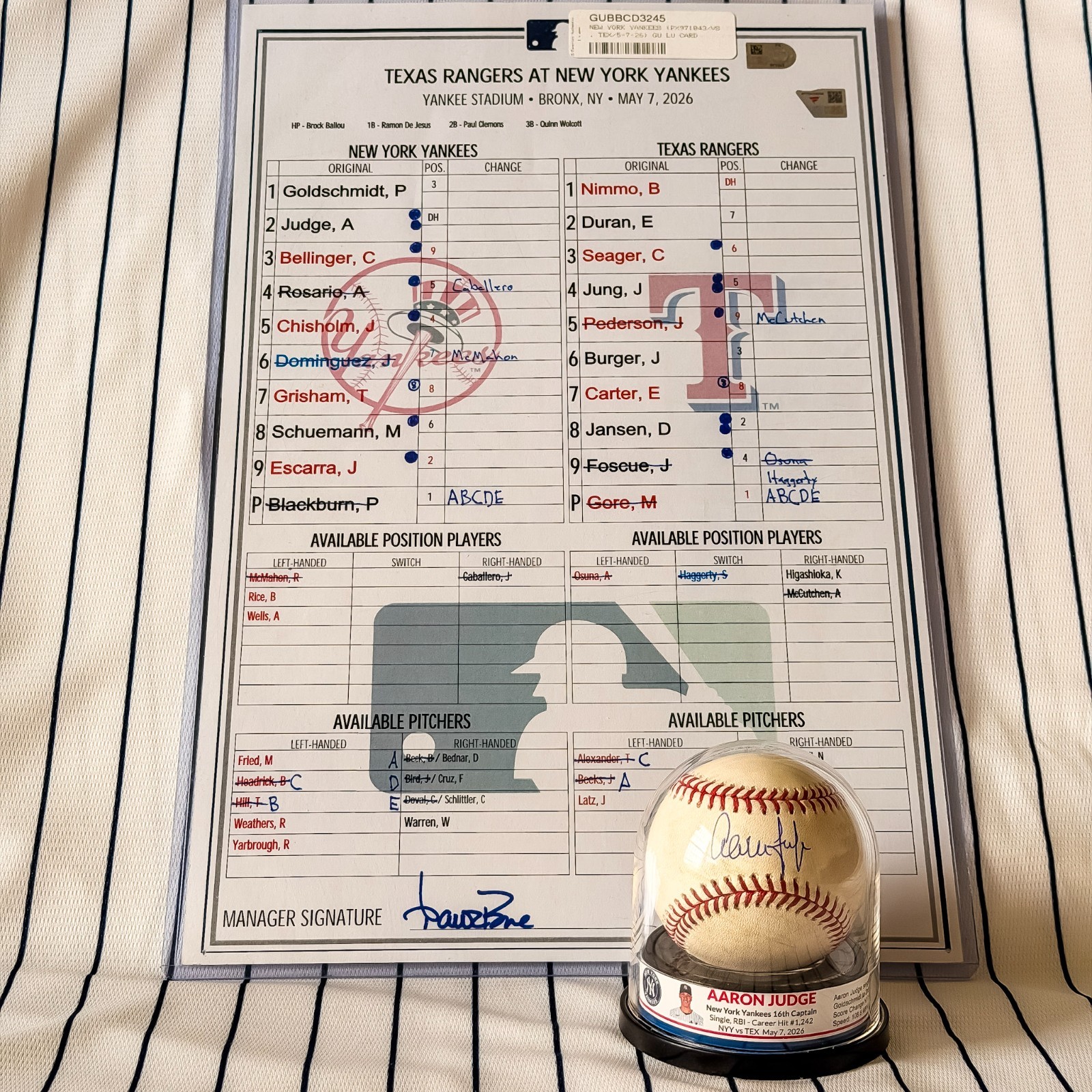 Aaron JUDGE Game Used RBI Single Auto Baseball w/ Lineup Card 2026 MLB Fanatics view 1