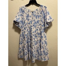 Entro Women Blue Floral Tiered Babydoll Dress Size L Puff Sleeve