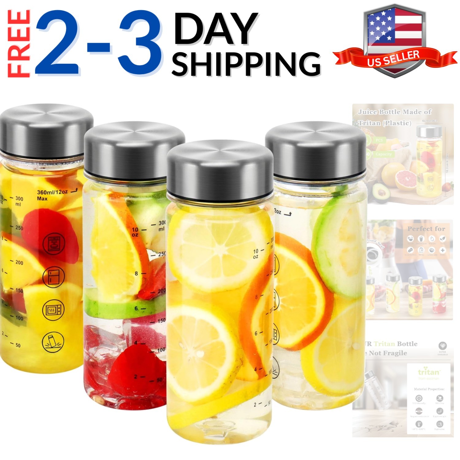 With Caps - Wide Mouth Resuable Clear Plastic Water Bott...