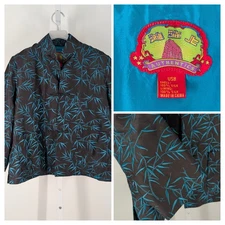 Shanghai Tang Midnight Bamboo Silk Embroidered Art Jacket Black Blue US 8 38"