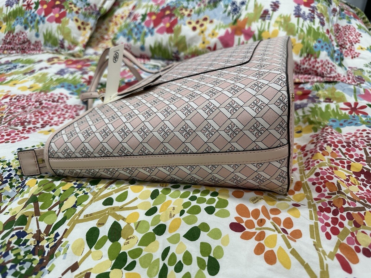 TORY BURCH BLUSH LIGHT PINK GEO LOGO TOP ZIP TOTE WITH GOLD