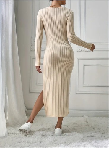 Robe Fondue Côtelée Solide, Élégante Robe , Robe Sexy / Vêtements Pour Femme - Foto 2 di 15