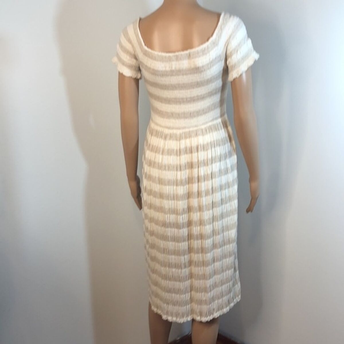 Lucky Brand dress size medium ruched elastic top tan and white striped top.