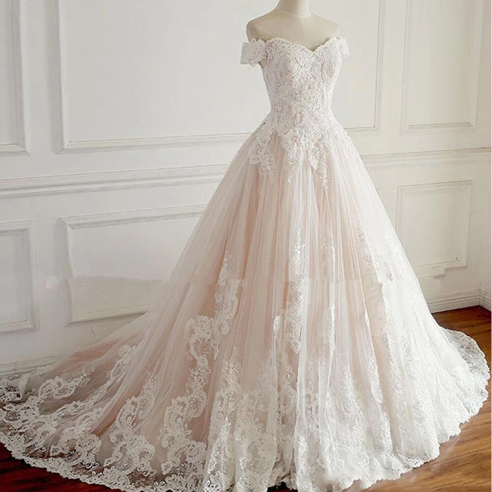 Blush Pink Off Shoulder Wedding Dresses Lace Appliques Bridal Gowns Sweep Train - Image 2 of 4