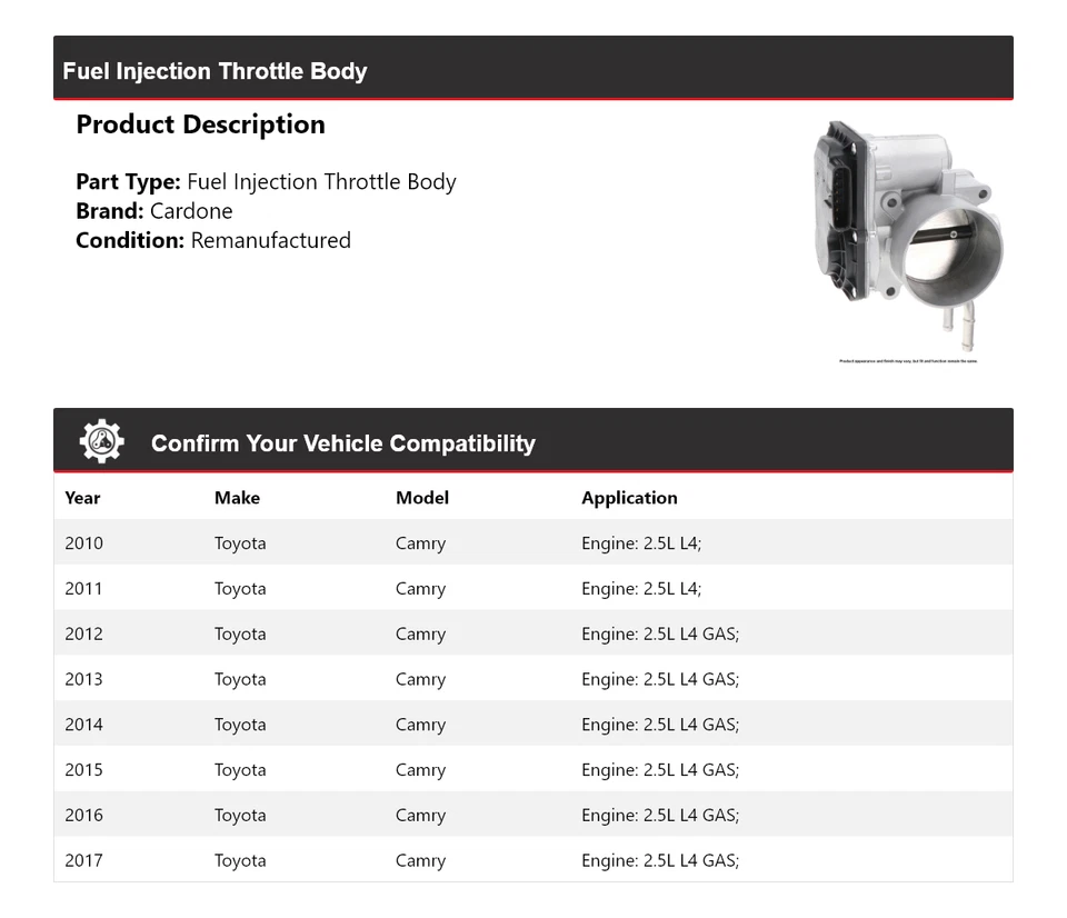 Corpo do acelerador Cardone 2011 2012 2013 para 2010-2017 Toyota Camry injeção de combustível - Imagem 2 de 4